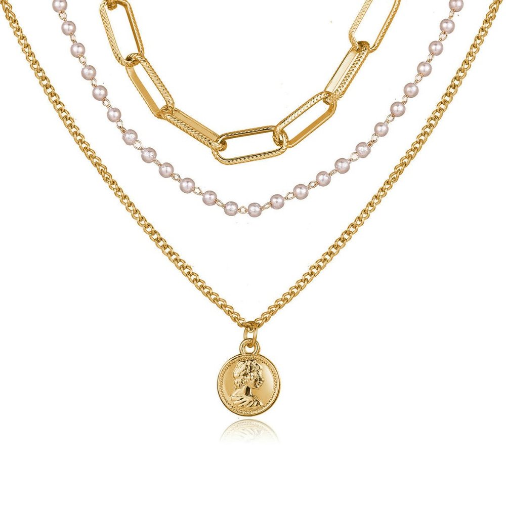 NEW Gold Triple Layer Coin Chain Pearl Necklace - Picture 6 of 9